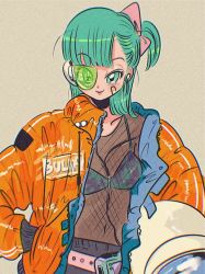 Rule 34 | 1girl, aqua eyes, aqua hair, bandaid, bikini, bikini top only, blunt bangs, bow, breasts, bulma, cable, character name, chromatic aberration, dragon ball, earbuds, earphones, green-tinted eyewear, hair bow, hair ornament, hand in pocket, helmet, holding, holding helmet, jacket, long sleeves, looking at viewer, medium hair, moricky, navel, one-piece swimsuit, pink bow, ponytail, scouter, see-through, side ponytail, simple background, small breasts, smile, solo, swimsuit, tinted eyewear, upper body
