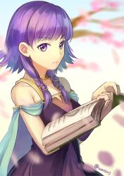 Rule 34 | 1girl, ane-suisei, bare shoulders, book, cape, closed mouth, dress, fire emblem, fire emblem: the sacred stones, holding, holding book, lute (fire emblem), nintendo, open book, purple eyes, purple hair, sleeveless, sleeveless dress, solo, twintails, twitter username, upper body