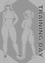 Rule 34 | 2girls, ass, breasts, chumerri, cleavage, curvy, fubuki (one-punch man), large breasts, leggings, monochrome, multiple girls, one-punch man, pants, shoes, siblings, sisters, size difference, tatsumaki, thick thighs, thighs, workout clothes, yoga pants