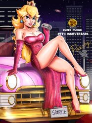 Rule 34 | 1girl, absurdres, arm support, artist name, blue eyes, breasts, cape feather, car, cleavage, controller, crossed legs, dress, fire flower, game console, game controller, gloves, heels, highres, large breasts, legs, long hair, looking at viewer, mario (series), meme, motor vehicle, nintendo, parted lips, pink lips, princess, princess peach, seductive smile, sitting, smile, solo, sparkietheartist, super leaf, super mario all stars, super nintendo, thick thighs, thighs