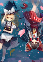 Rule 34 | 2girls, absurdres, apron, blonde hair, blush, bobby socks, bow, braid, brown hair, cherry blossoms, expressionless, eyebrows hidden by hair, fish, floating, hair bow, hakurei reimu, hat, hat tip, highres, kirisame marisa, knees together feet apart, koi, large bow, lying, mary janes, mey24k, miniskirt, multiple girls, partially submerged, petals, pleated skirt, shoes, side braid, single braid, skirt, smile, socks, touhou, upside-down, vest, witch hat, yellow eyes