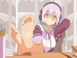 Rule 34 | 10s, 1girl, arm behind head, bad id, bad pixiv id, barefoot, bow, collared shirt, crossed ankles, desk, feet, feet up, foot focus, glasses, gridman universe, grin, headset, highres, jacket, light purple hair, long sleeves, looking at viewer, off shoulder, open clothes, purple jacket, salpin, school uniform, shinjou akane, shirt, short hair, smile, soles, solo, ssss.gridman, toes