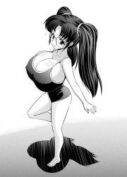 Rule 34 | 1girl, barefoot, breasts, cleavage, covered erect nipples, eiken, glasses, harumachi komoe, huge breasts, long hair, monochrome, one-piece swimsuit, oppai loli, solo, standing, swimsuit, thick eyebrows, twintails