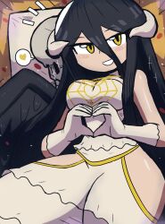 Rule 34 | 1girl, absurdres, albedo (overlord), black hair, breasts, cowboy shot, dress, female focus, gloves, hair between eyes, heart, heart hands, highres, horns, large breasts, long hair, looking at viewer, overlord (maruyama), pillow, shiny skin, skeleton, sleeveless, solo, spider web print, thick thighs, thighs, tony welt, white dress, white gloves, wide hips, yellow eyes
