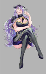 Rule 34 | 1girl, artist request, breasts, cleavage, fire emblem, fire emblem fates, crossed legs, long hair, nintendo, parted lips, purple hair, red eyes, sitting, smile, solo