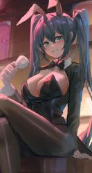 Rule 34 | 1girl, absurdres, alternate costume, animal ears, bad id, bad twitter id, blush, bow, breasts, cleavage, cup, dasha, detached collar, fake animal ears, green eyes, hatsune miku, highres, holding, holding cup, large breasts, leotard, long hair, looking at viewer, pantyhose, playboy bunny, rabbit ears, sidelocks, sitting, solo, twintails, vocaloid, wrist cuffs