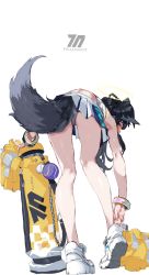 Rule 34 | 1girl, animal ears, bent over, black hair, blue archive, blue skirt, cheerleader, dog ears, dog girl, dog tail, from behind, halo, hibiki (blue archive), hibiki (cheer squad) (blue archive), kumonji aruto, legs, millennium cheerleader outfit (blue archive), pom pom (cheerleading), shoes, simple background, skirt, sneakers, solo, standing, tail, two-tone skirt, white background, white footwear, white skirt