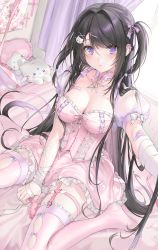 Rule 34 | 1girl, absurdres, bandages, bandaid, bedroom, black hair, blush, bow, breasts, cat hair ornament, choker, cleavage, corset, dress, ear piercing, frills, from above, garter straps, hair bow, hair ornament, highres, huge filesize, indoors, large breasts, long hair, looking at viewer, multicolored hair, no shoes, on bed, original, piercing, pink dress, pink legwear, puffy short sleeves, puffy sleeves, purple eyes, selfie, short sleeves, sitting, solo, two side up, unxi, violeta (unxi), wariza, x hair ornament
