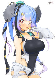 Rule 34 | 1girl, aqua hat, ayuman, black one-piece swimsuit, blue hair, blush, breasts, candy, competition swimsuit, cosplay, cowboy shot, food, garrison cap, gloves, hair ornament, hat, headgear, highleg, highleg swimsuit, holding, holding candy, holding food, i-19 (kancolle), kantai collection, large breasts, long hair, one-piece swimsuit, red eyes, scamp (kancolle), scamp (kancolle) (cosplay), short shorts, shorts, side ponytail, simple background, solo, star (symbol), star hair ornament, swimsuit, tongue, tongue out, white background, white gloves, white shorts