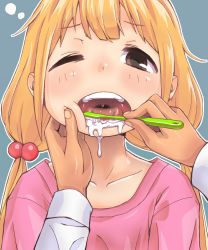 Rule 34 | 1boy, 1girl, blonde hair, blue background, blush, brown eyes, brushing another&#039;s teeth, brushing teeth, cheek press, collarbone, commentary request, dripping, fingernails, futaba anzu, hair bobbles, hair ornament, highres, idolmaster, idolmaster cinderella girls, long hair, looking at viewer, low twintails, one eye closed, open mouth, outline, pink shirt, pov, pov hands, shirt, simple background, squeans, solo focus, tadanoshi kabane, teeth, tongue, toothbrush, twintails, upper body, uvula, white outline