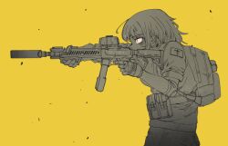 Rule 34 | 1girl, aiming, ammunition pouch, assault rifle, backpack, bag, c-clamp, elbow pads, finger on trigger, from side, gloves, gun, load bearing equipment, original, pouch, powerdman, red eyes, rifle, solo, spot color, suppressor, weapon, yellow background