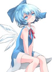 Rule 34 | 1girl, adapted costume, bare legs, bare shoulders, between legs, blue bow, blue dress, blue eyes, blue hair, bow, breasts, cirno, commentary request, dress, feet out of frame, hair between eyes, hair bow, hand between legs, highres, hot, ice, ice wings, invisible chair, knees together feet apart, looking up, mikan (manmarumikan), no undershirt, petite, short hair, shoulder blush, simple background, sitting, small breasts, solo, sweat, touhou, white background, wing collar, wings