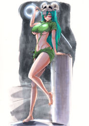 Rule 34 | 1girl, barefoot, bleach, breasts, green hair, highres, large breasts, long hair, looking at viewer, midriff, navel, nelliel tu odelschwanck, revealing clothes, sword, torn clothes, underboob, weapon