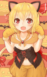 Rule 34 | 1girl, animal ears, animal hands, bat (animal), blonde hair, blush, bow, breasts, bustier, cat ears, cat tail, chiroshiron, corset, fang, gloves, hair ribbon, halloween, halloween costume, highres, jack-o&#039;-lantern, kemonomimi mode, navel, open mouth, paw gloves, puffy shorts, red eyes, ribbon, rumia, shorts, small breasts, smile, solo, tail, tail bow, tail ornament, touhou