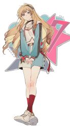 Rule 34 | 1girl, alternate costume, anight, belt, blonde hair, blue bow, blue jacket, blue shorts, bow, casual, choker, closed mouth, drill hair, drill sidelocks, ensemble stars!, full body, green eyes, hair bow, highres, jacket, jewelry, long hair, long sleeves, looking at viewer, mademoiselle (ensemble stars!), navel, necklace, open clothes, open jacket, own hands together, paper texture, red socks, shirt, shoes, shorts, sidelocks, simple background, smile, sneakers, socks, solo, striped, striped bow, two-tone shorts, v arms, white background, white footwear, white shirt, white shorts