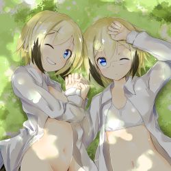 Rule 34 | 2girls, ;), blonde hair, blue eyes, bob cut, bottomless, bra, brown hair, dappled sunlight, dress shirt, erica hartmann, glasses, long sleeves, misasagi sasami, multicolored hair, multiple girls, naked shirt, navel, no panties, one eye closed, open clothes, open shirt, out-of-frame censoring, shirt, short hair, siblings, sisters, smile, sports bra, strike witches, strike witches: suomus misfits squadron, sunlight, twins, two-tone hair, underwear, ursula hartmann, white bra, world witches series