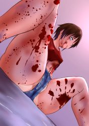 Rule 34 | 1girl, arm support, bare legs, blood, blood from mouth, blood on arm, blood on face, blood on hands, blood on leg, brown hair, bruise, capcom, crop top, denim, denim shorts, female focus, highres, injury, midriff, misty (residen evil), nipples through clothes, partially visible vulva, red tank top, resident evil, resident evil 2, short hair, short shorts, shorts, sitting, solo, spread legs, tan, tank top, tanline, thick thighs, thighs, tomboy, unbuttoned, open fly, uriens, zombie, zombie girl