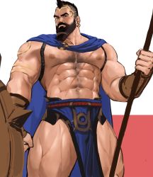 Rule 34 | 1boy, abs, bara, bare pectorals, beard, blue cape, cape, character request, chest hair, copyright request, dopey (dopq), facial hair, feet out of frame, highres, holding, holding polearm, holding shield, holding weapon, large pectorals, looking at viewer, male focus, mature male, mohawk, muscular, muscular male, navel, navel hair, nipples, original, pectorals, pelvic curtain, polearm, revealing clothes, shield, short hair, solo, stomach, thick thighs, thighs, tied beard, weapon