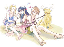 Rule 34 | ..., 3girls, bare arms, bare legs, blonde hair, blue hair, blue pants, blush, bound, bound arms, brown footwear, character request, closed eyes, closed mouth, commentary request, denim, dress, full body, futari wa precure, green shirt, heart, highres, jeans, koyomania, labrador retriever, long hair, misumi nagisa, multiple girls, outdoors, pants, parted lips, pink dress, pink footwear, pink tank top, precure, sandals, shared speech bubble, shirt, side ponytail, simple background, sitting, smile, speech bubble, spoken ellipsis, spoken heart, spoken sparkle, spoken sweatdrop, sweatdrop, tank top, toes, white background, yukishiro honoka