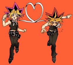 Rule 34 | 2boys, belt, black hair, blonde hair, blush, bow, bracelet, clenched hands, dyed bangs, falling, floating, jewelry, looking at another, male focus, midriff, multicolored hair, multiple belts, multiple boys, muto yugi, navel, neck ribbon, purple eyes, purple hair, red background, red eyes, red hair, ribbon, sleeveless, smile, spiked hair, unko yoshida, yami yugi, yu-gi-oh!, yu-gi-oh! duel monsters
