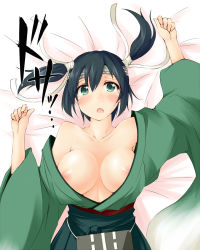 Rule 34 | 10s, 1girl, bandana, bed sheet, blue hair, breasts, breasts out, collarbone, green eyes, highres, japanese clothes, kaminagi (kaminagi-tei), kantai collection, large breasts, looking at viewer, lying, muneate, nipples, on back, open mouth, puffy nipples, short hair, short twintails, solo, souryuu (kancolle), twintails, wide sleeves