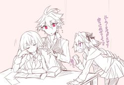 Rule 34 | 1girl, 2boys, astolfo (fate), closed eyes, fate/apocrypha, fate (series), jeanne d&#039;arc (fate), jeanne d&#039;arc (ruler) (fate), lem96rem, long hair, multiple boys, multiple monochrome, pink eyes, red eyes, sieg (fate), translated, trap