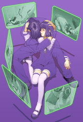 Rule 34 | 1boy, 1girl, back, blunt bangs, bob cut, brother and sister, closed eyes, commentary, dress, elysion, face down, hand on another&#039;s head, hetero, hidari (left side), hug, hug from behind, leaning on person, leftside, legs, purple background, purple hair, short hair, siblings, sitting, soror, sound horizon, thighhighs, white thighhighs, zettai ryouiki
