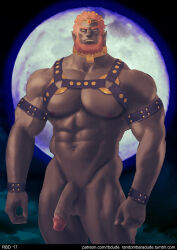 Rule 34 | 1boy, arm strap, bad id, bad tumblr id, bara, beard, chest harness, choker, circlet, closed mouth, colored skin, completely nude, cowboy shot, expressionless, facial hair, forked eyebrows, full moon, ganondorf, green skin, hair slicked back, half-erect, harness, large pectorals, large penis, looking at viewer, male focus, mature male, moon, moon background, muscular, muscular male, nintendo, nude, orange hair, pectorals, penis, pointy ears, randombaradude, short hair, solo, the legend of zelda, thick beard, thick eyebrows, wrist straps, yellow eyes