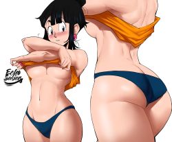 Rule 34 | 1girl, absurdres, ass, bare arms, black eyes, black hair, blue panties, blush, breasts, butt crack, chi-chi (dragon ball), dragon ball, earrings, echo saber, from behind, highres, jewelry, large breasts, looking at viewer, multiple views, nail polish, navel, nose blush, orange shirt, panties, parted lips, shiny skin, shirt, sidelocks, standing, underboob, underwear, undressing
