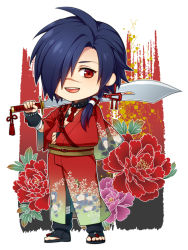 Rule 34 | 10s, 1boy, blue hair, chibi, dramatical murder, flower, hair over one eye, japanese clothes, koujaku, male focus, mise yuzuki, open mouth, ponytail, red eyes, scar, smile, solo, sword, weapon