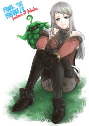 Rule 34 | 1girl, arciela v adoulin, bare shoulders, black footwear, black gloves, black thighhighs, blue eyes, boots, breasts, brown jumpsuit, copyright name, covered collarbone, creature, detached sleeves, diamond (shape), final fantasy, final fantasy xi, full body, gloves, grass, grey hair, grey pantyhose, hume, jumpsuit, knees together feet apart, leafkin, long hair, long sleeves, looking at viewer, medium breasts, pantyhose, print pantyhose, red sleeves, saginada, short jumpsuit, simple background, sitting, smile, solo, thigh boots, thighhighs, white background