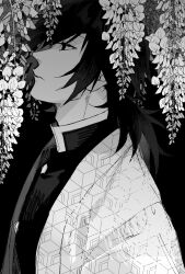 Rule 34 | 1boy, absurdres, adam&#039;s apple, black background, buttons, closed mouth, demon slayer uniform, expressionless, flower, from side, greyscale, hair between eyes, haori, highres, jacket, japanese clothes, kimetsu no yaiba, long hair, looking up, low ponytail, male focus, monochrome, noroinoenojin, profile, simple background, solo, tomioka giyuu, upper body, wisteria