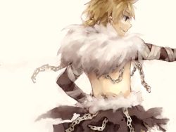 Rule 34 | 1boy, black cape, blonde hair, cape, chain, commentary request, cowboy shot, endo mame, fur collar, grin, looking afar, purple eyes, ragnarok online, shadow chaser (ragnarok online), short hair, short ponytail, shrug (clothing), simple background, smile, solo, waist cape, white background