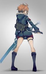 Rule 34 | 1girl, absurdres, ahoge, bag, bike shorts, black footwear, black shorts, blue coat, blue eyes, boots, bright pupils, closed mouth, coat, dagger, fingerless gloves, from behind, full body, fur trim, gloves, grey background, highres, holding, holding weapon, hood, hood down, knee boots, knife, legs apart, long sleeves, looking back, orange hair, original, profile, sanshouuo, sheath, sheathed, short hair, shorts, sideways mouth, simple background, sjeath, smile, solo, standing, sword, thigh strap, unsheathed, weapon, winter clothes, winter coat