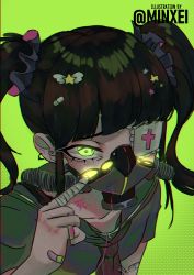 Rule 34 | 1girl, artist name, black hair, collarbone, eyebrows hidden by hair, glowing, glowing eye, green background, green eyes, hair ornament, looking up, mask, minxei, mouth mask, one eye covered, original, pill hair ornament, sailor collar, school uniform, serafuku, solo, star (symbol), star hair ornament, twintails