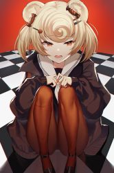 Rule 34 | 1girl, animal ears, arknights, bad id, bad pixiv id, bear ears, black footwear, black jacket, black shirt, blonde hair, blush, candy hair ornament, checkered floor, commentary, drooling, food-themed hair ornament, full body, gummy (arknights), hair ornament, hairclip, highres, jacket, kernel killer, knees to chest, looking away, looking to the side, open clothes, open jacket, open mouth, pantyhose, red background, red eyes, red pantyhose, sailor collar, saliva, shadow, shirt, shoes, short hair, sitting, solo, twintails