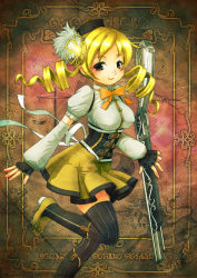 Rule 34 | 10s, 1girl, beret, blonde hair, boots, brown eyes, brown thighhighs, corset, detached sleeves, drill hair, fingerless gloves, gloves, gun, hair ornament, hairpin, hat, highres, impossible clothes, impossible shirt, long hair, madoka runes, magical girl, magical musket, mahou shoujo madoka magica, mahou shoujo madoka magica (anime), pleated skirt, puffy sleeves, ribbon, rifle, runes, shirt, skirt, solo, striped clothes, striped thighhighs, sugimoto yoshiaki, thighhighs, tomoe mami, twin drills, twintails, vertical-striped clothes, vertical-striped thighhighs, weapon, zettai ryouiki