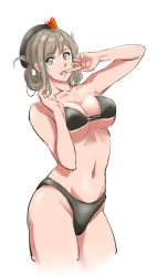 Rule 34 | 1girl, absurdres, arched back, beret, bikini, black hat, breasts, brown hair, collarbone, cowboy shot, finger to mouth, folded ponytail, green eyes, grey bikini, hat, highres, kantai collection, katori (kancolle), large breasts, light brown hair, looking at viewer, navel, no eyewear, parted bangs, simple background, solo, sozan, swimsuit, white background