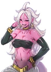 Rule 34 | 1girl, android 21, black sclera, bow (bhp), bracelet, breasts, candy, cleavage, colored sclera, colored skin, detached sleeves, dragon ball, dragon ball fighterz, food, hand on own hip, jewelry, large breasts, long hair, looking at viewer, majin android 21, messy hair, nail polish, navel, open mouth, pink skin, red eyes, saliva, saliva trail, simple background, smile, solo, stomach, tongue, tongue out, white background, white hair