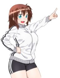 Rule 34 | 1girl, :d, bike shorts, blue eyes, blush, breasts, brown hair, jacket, large breasts, onsoku inu, open mouth, original, pointing, short hair, simple background, smile, solo, track jacket, white background