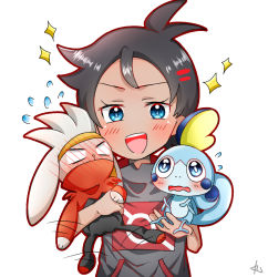 Rule 34 | 1boy, black hair, blue eyes, blush, creatures (company), dark skin, embarrassed, game freak, gen 8 pokemon, goh (pokemon), highres, holding, holding pokemon, looking at another, looking at viewer, nintendo, open mouth, pokemon, pokemon (anime), pokemon (creature), pokemon journeys, raboot, short hair, signature, smile, sobble, sparkle, upper body, white background
