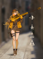 Rule 34 | 1girl, absurdres, baseball cap, blonde hair, blue eyes, brown dress, blowing bubbles, chewing gum, commentary, dress, full body, gloves, gun, hat, headset, highres, holster, long legs, messy hair, open clothes, open vest, original, partially fingerless gloves, rifle, rui li, scope, shoes, short dress, sneakers, sniper rifle, socks, solo, strap, thigh holster, thigh strap, trigger discipline, vest, walking, weapon, yellow gloves