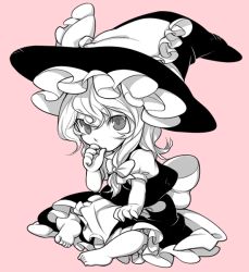 Rule 34 | 1girl, aged down, barefoot, child, feet, female focus, full body, hat, kirisame marisa, monochrome, nakatani, simple background, solo, thumb sucking, toddler, touhou, witch, witch hat