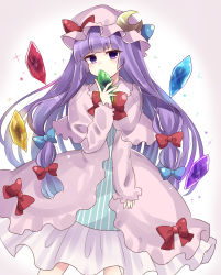 Rule 34 | 1girl, absurdres, blue bow, blunt bangs, bow, bowtie, capelet, cowboy shot, crescent, crescent pin, crystal, dress, hair bow, hat, highres, holding, long hair, long sleeves, looking at viewer, mob cap, multiple bows, patchouli knowledge, pink capelet, pink dress, pink hat, purple eyes, purple hair, red bow, red bowtie, simple background, solo, standing, striped, subaru (subachoco), touhou, very long hair, white background