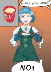 Rule 34 | 1girl, absurdres, ace attorney, ascot, biku, black pantyhose, blue eyes, blue gloves, blue hair, blush, bucket, clenched hands, earrings, embarrassed, female focus, franziska von karma, gem, gloves, green eyes, green skirt, green vest, hands up, highres, holding, japanese text, jewelry, juliet sleeves, long sleeves, miniskirt, multicolored eyes, nose blush, pantyhose, pencil skirt, puffy sleeves, shirt, short hair, skirt, solo, standing, swept bangs, translation request, vest, whip, white ascot, white shirt