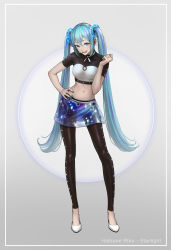 Rule 34 | 1girl, bad id, bad pixiv id, black legwear, blue eyes, blue hair, blue nails, blue skirt, character name, crop top, full body, grey background, hair between eyes, hand on own hip, hatsune miku, high heels, highres, kazuko (towa), long hair, looking at viewer, midriff, miniskirt, nail polish, navel, open mouth, pants, pants under skirt, pumps, see-through, short sleeves, skirt, solo, standing, stomach, twintails, very long hair, vocaloid, white footwear