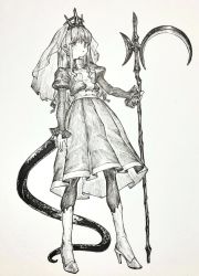 Rule 34 | 1girl, cross, crosshatching, crown, dress, greyscale, hatching (texture), high heels, highres, holding, holding weapon, looking at viewer, mashimashi, monochrome, monochrome, original, solo, tail, weapon