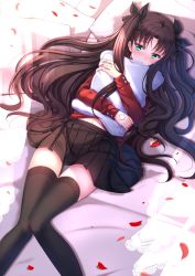 Rule 34 | 1girl, black thighhighs, blush, brown hair, fate/stay night, fate (series), green eyes, hair ribbon, highres, holding, jewelry, long hair, long legs, lying, navel, necklace, hugging object, on back, petals, pillow, pillow hug, pleated skirt, ribbon, skirt, solo, swordsouls, thighhighs, tohsaka rin, two side up, zettai ryouiki