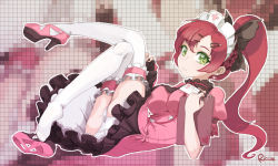 Rule 34 | 1girl, apron, ass, bad id, bad pixiv id, braid, breasts, choker, cross, crossed legs, frilled skirt, frilled thighhighs, frills, green eyes, hair ornament, hairpin, headdress, impossible clothes, impossible shirt, legs up, looking at viewer, lying, maid, maid apron, maid headdress, nurse, original, panties, pantyshot, ponytail, red cross, red hair, riccae, shirt, shoes, single shoe, skirt, smile, solo, thighhighs, thighs, underwear, upskirt, white panties, white thighhighs, zoom layer