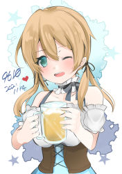 Rule 34 | 1girl, 9610 (kuroto), alcohol, alternate costume, anchor hair ornament, aqua eyes, beer, beer mug, blonde hair, commentary request, cup, dated, dirndl, frilled shirt, frills, german clothes, hair ornament, heart, highres, holding, kantai collection, long hair, mug, one-hour drawing challenge, one eye closed, prinz eugen (kancolle), shirt, solo, twintails